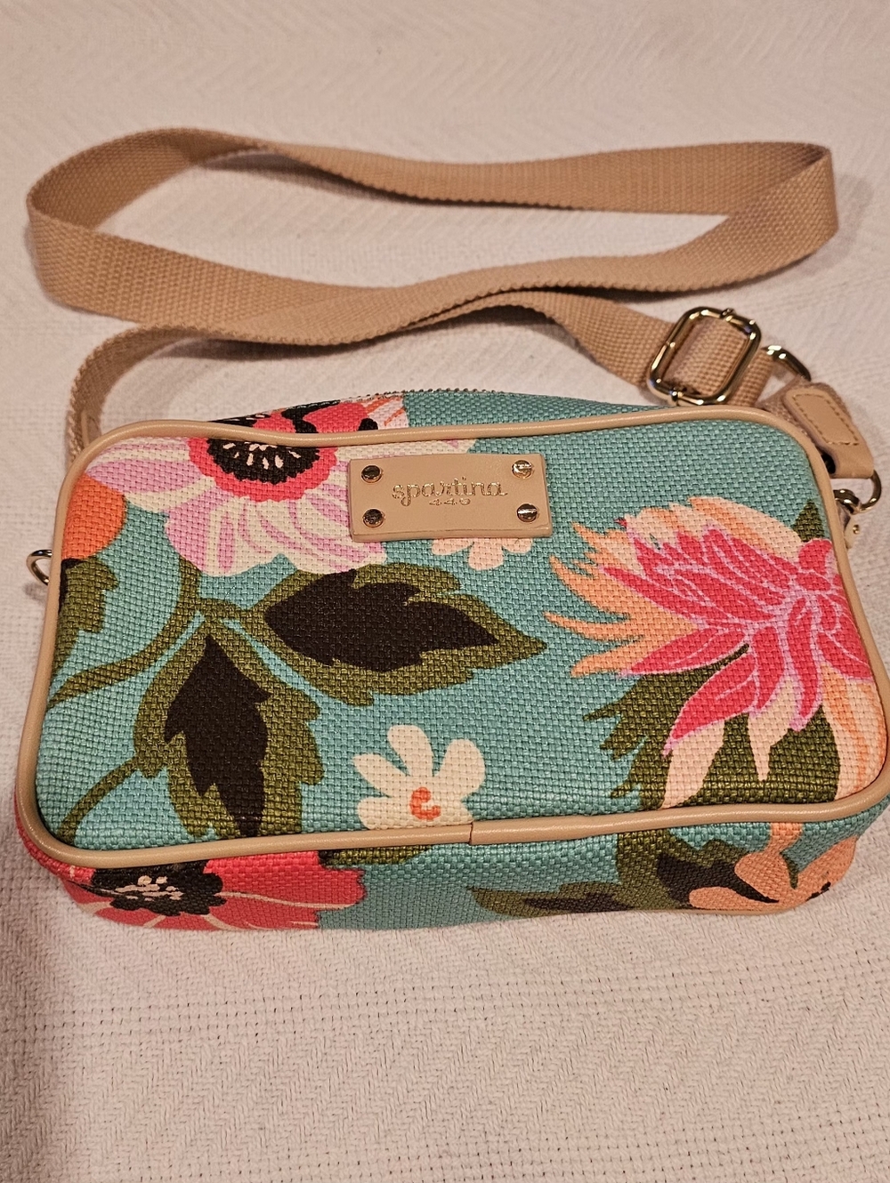 Spartina 449 Teal Floral Crossbody with Pink and Coral Blooms